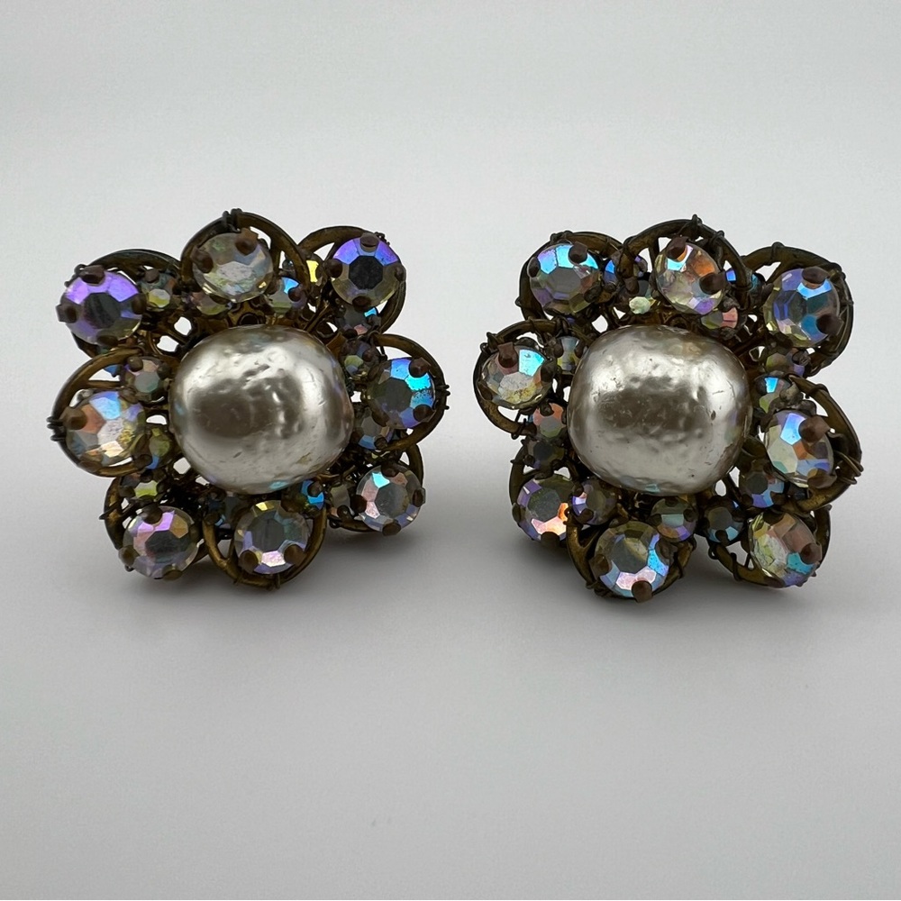 Miriam Haskell Vintage Faux Pearl Gold Plated Rainbow Rhinestone Flower Earrings